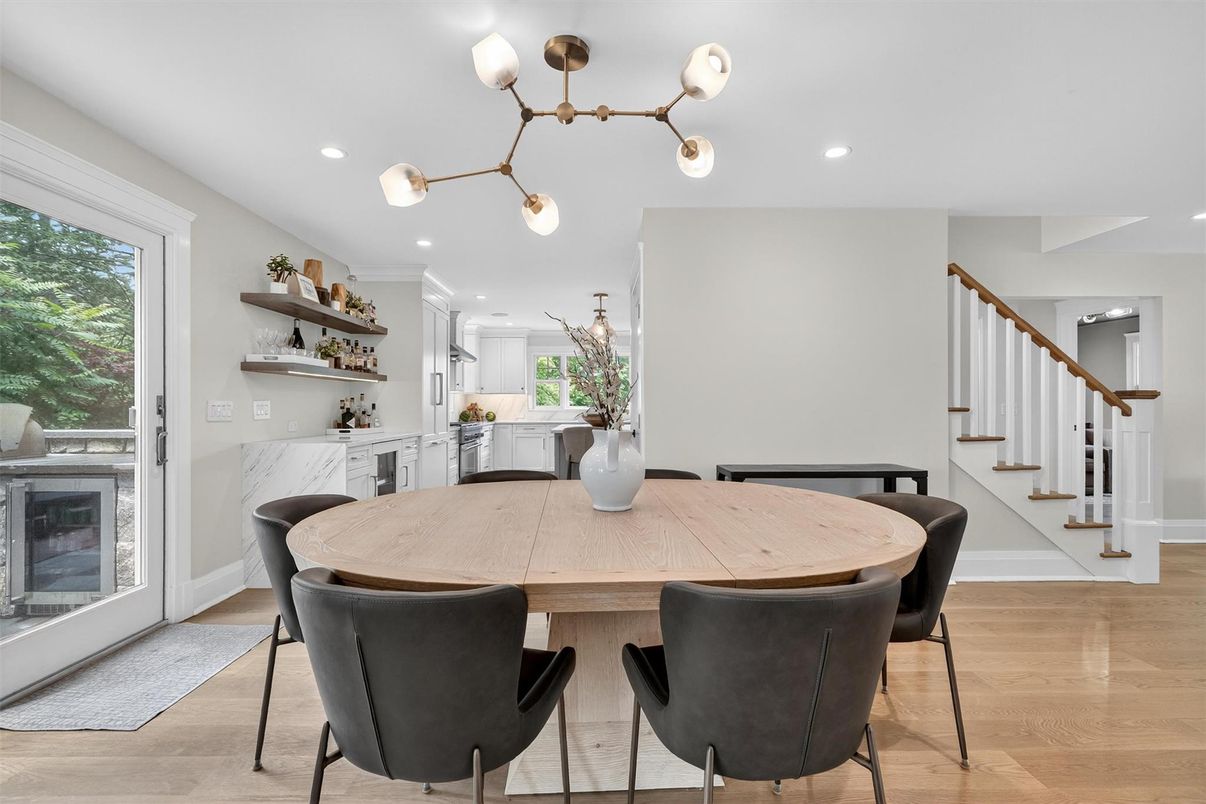Dining room, Interior, Pendant Lights, Recessed Lighting, Wood Texture Flooring