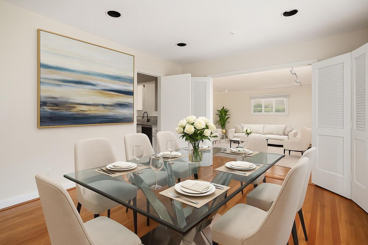 Dining room, Interior, Living room, Recessed Lighting, Wood Texture Flooring