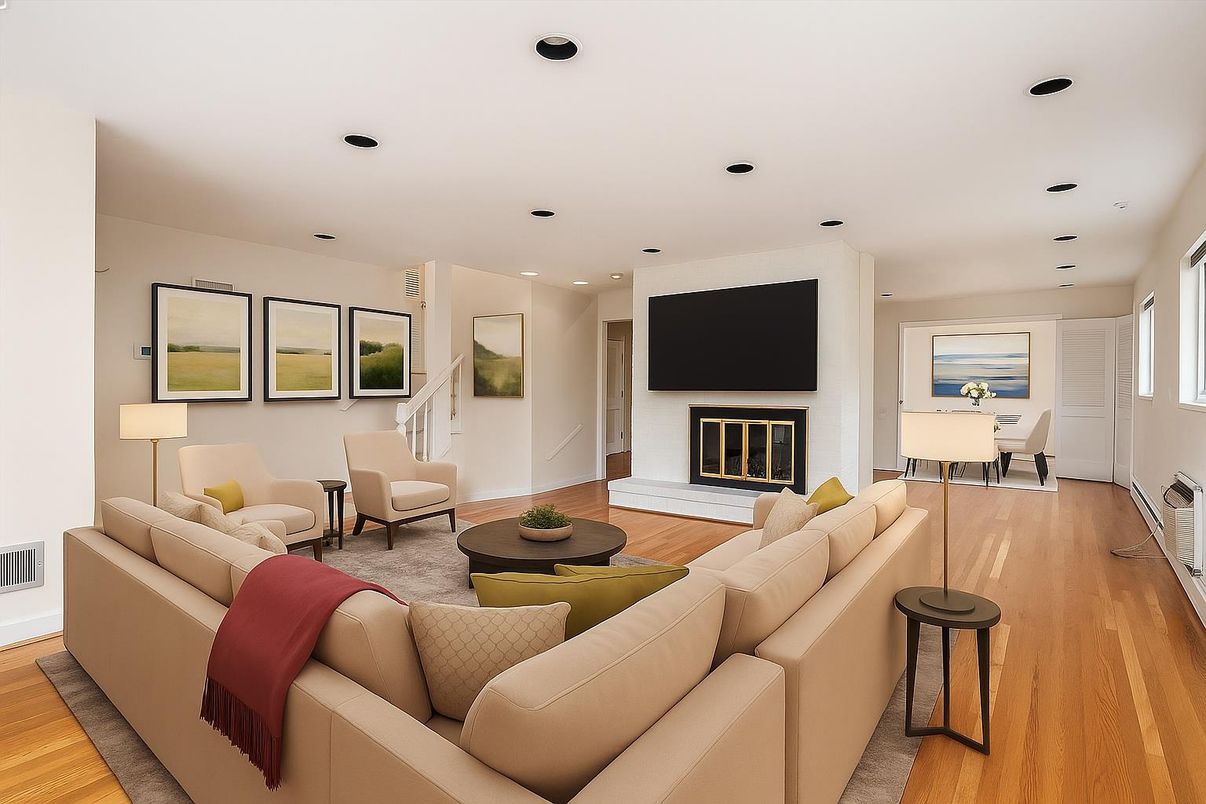 Dining room, Fireplace, Interior, Living room, Recessed Lighting, Wood Texture Flooring