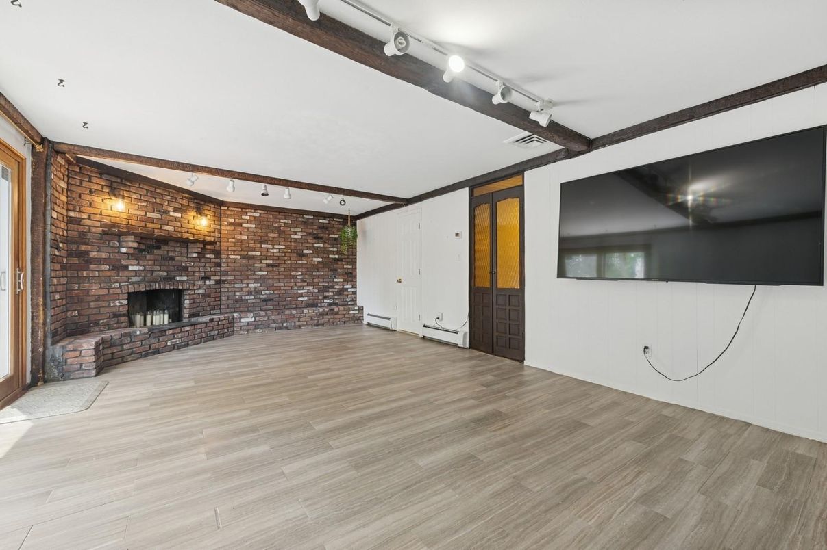 Empty room, Fireplace, Interior, Stone Walls, Wood Texture Flooring