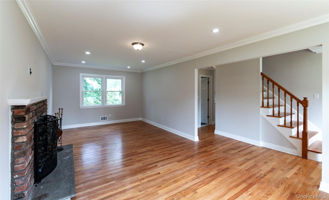 Empty room, Fireplace, Interior, Recessed Lighting, Wood Texture Flooring