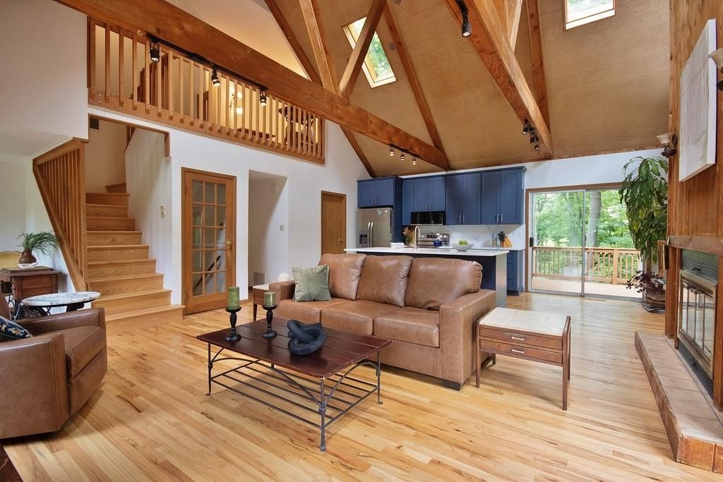 Fireplace, Interior, Kitchen, Living room, Recessed Lighting, Wooden Beams, Wood Texture Flooring