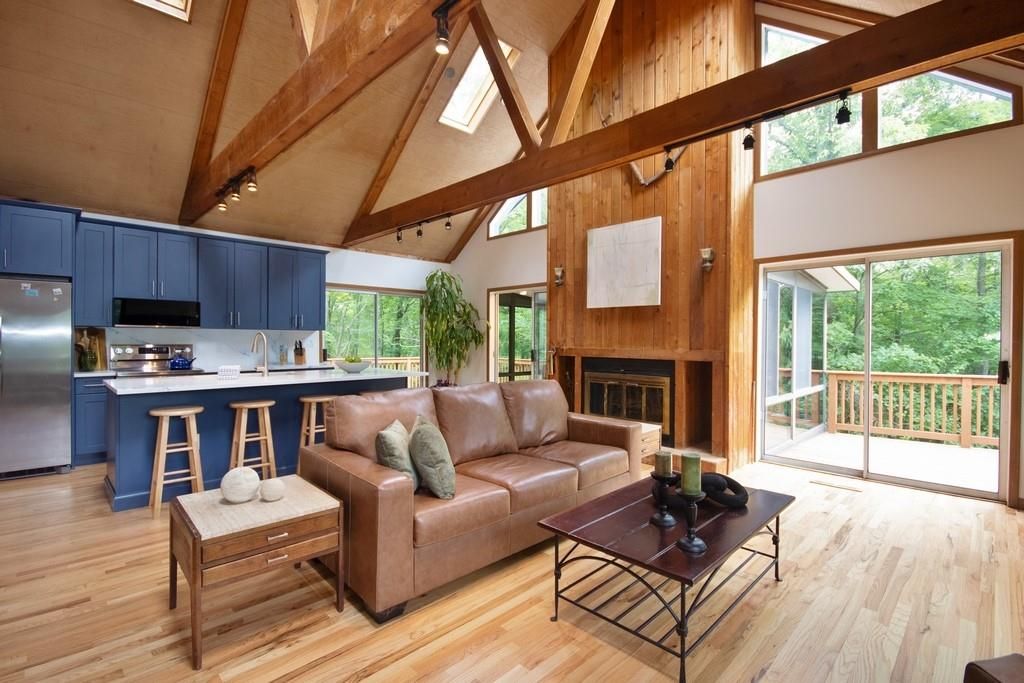 Fireplace, Interior, Kitchen, Living room, Stainless Steel Appliances, Wooden Beams, Wooden Ceilings, Wood Texture Flooring, Wooden Walls