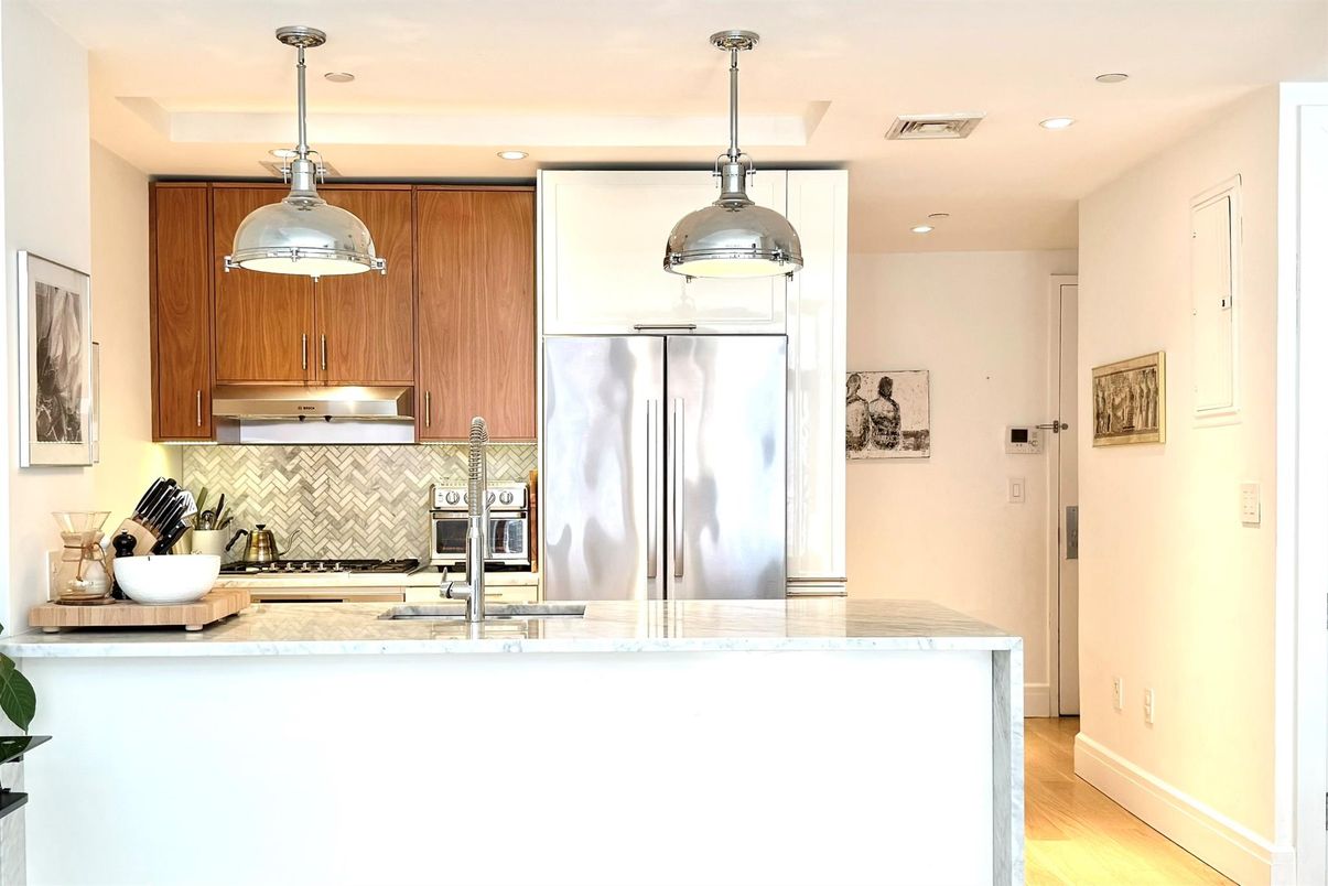 Interior, Kitchen, Pendant Lights, Recessed Lighting, Stainless Steel Appliances, Wood Texture Flooring