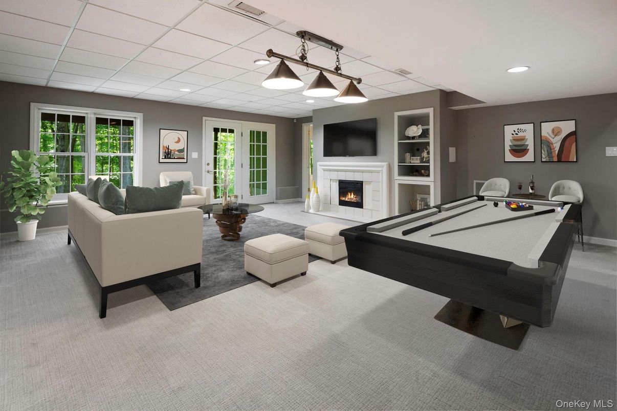 Billiard Table, Fireplace, Game Room, Interior, Living room, Recessed Lighting