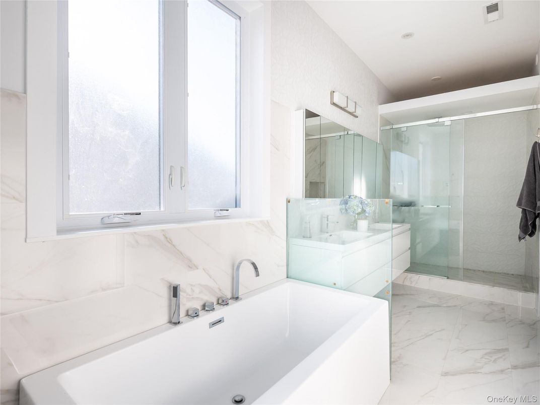 Bathroom, Glass Shower, Interior, Marble, Marble Walls, Recessed Lighting
