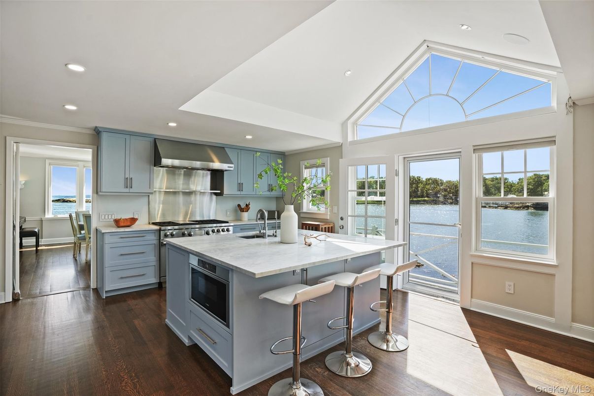 Interior, Kitchen, Recessed Lighting, Stainless Steel Appliances, Water, Wood Texture Flooring