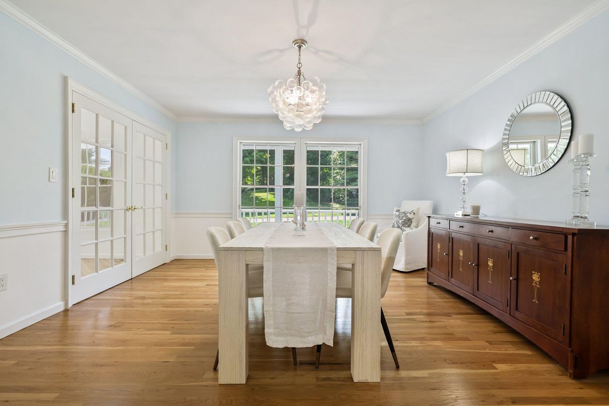 Chandelier, Dining room, Interior, Wood Texture Flooring