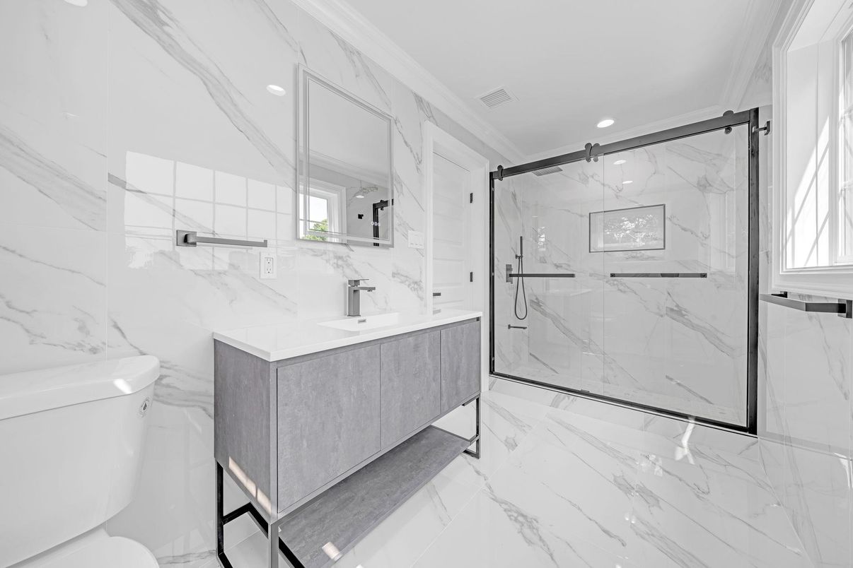 Bathroom, Glass Shower, Interior, Marble, Marble Walls, Recessed Lighting