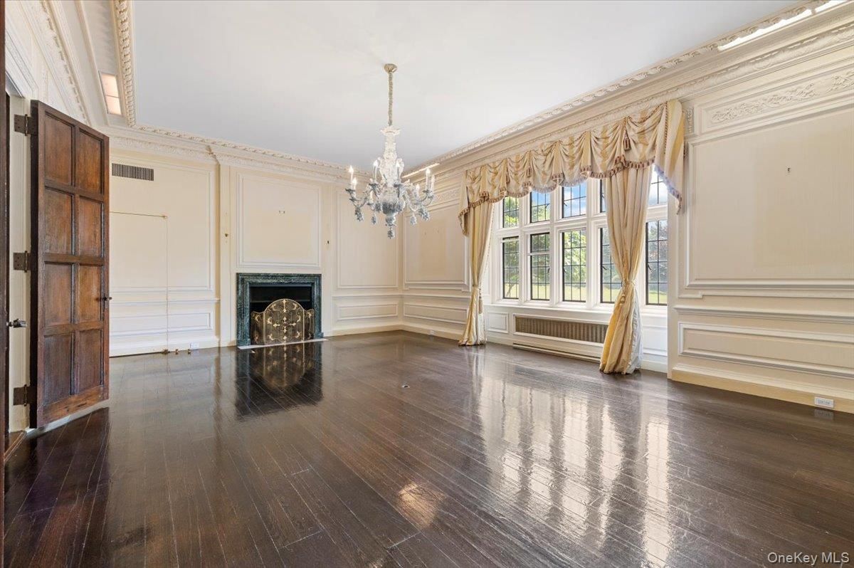 Chandelier, Empty room, Fireplace, Interior, Wood Texture Flooring