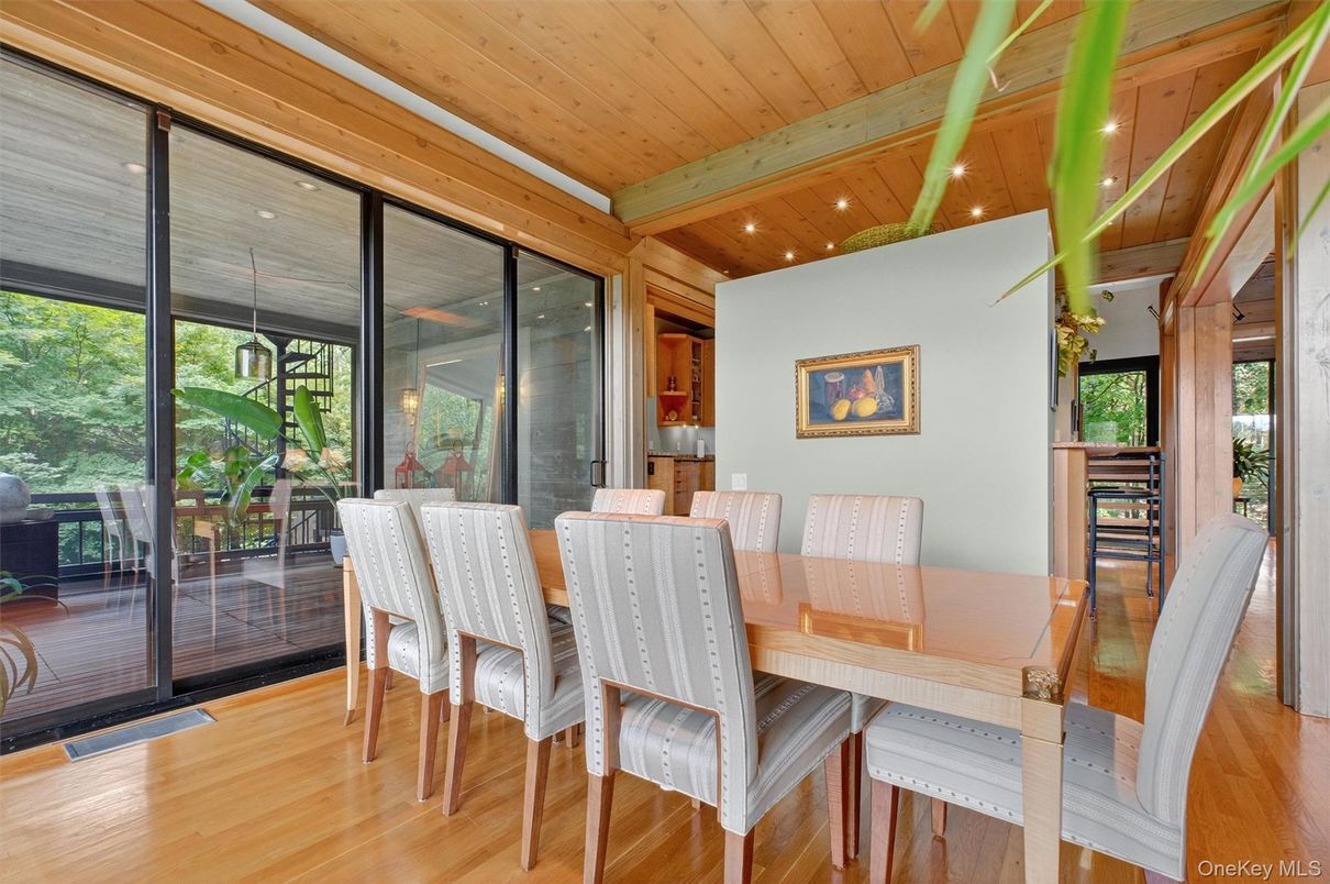 Dining room, Interior, Recessed Lighting, Wooden Beams, Wooden Ceilings, Wood Texture Flooring