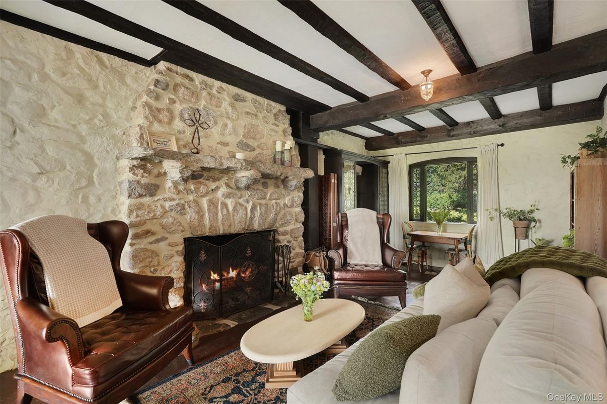 Dining room, Fireplace, Interior, Living room, Stone Walls, Wooden Beams