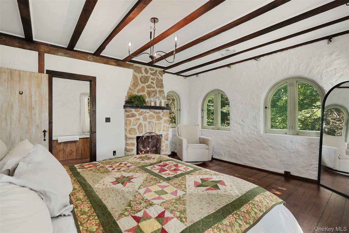 Bedroom, Chandelier, Fireplace, Interior, Wooden Beams, Wood Texture Flooring