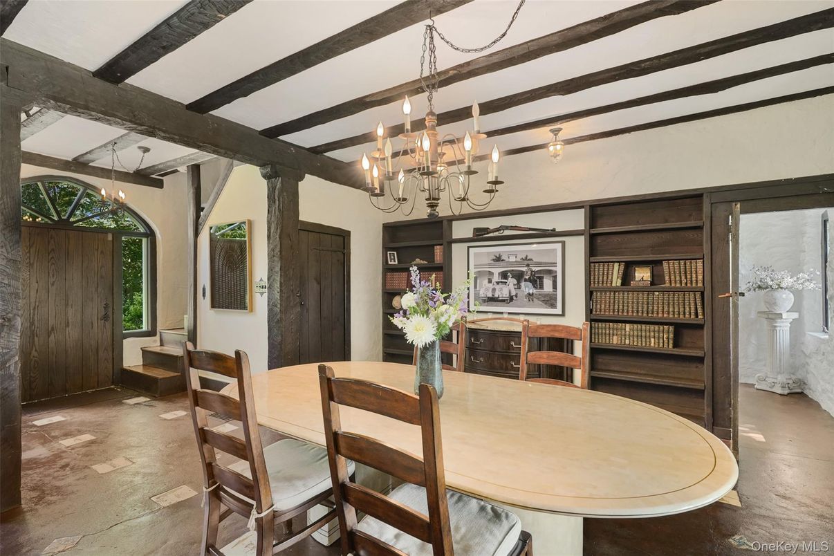 Chandelier, Dining room, Interior, Wooden Beams