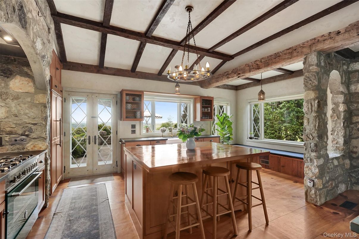 Chandelier, Interior, Kitchen, Wooden Beams, Wood Texture Flooring