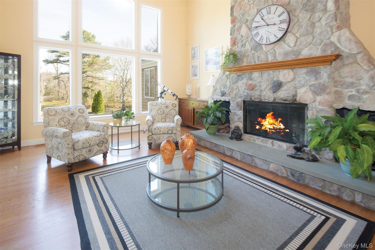 Fireplace, Interior, Living room, Stone Walls, Wood Texture Flooring