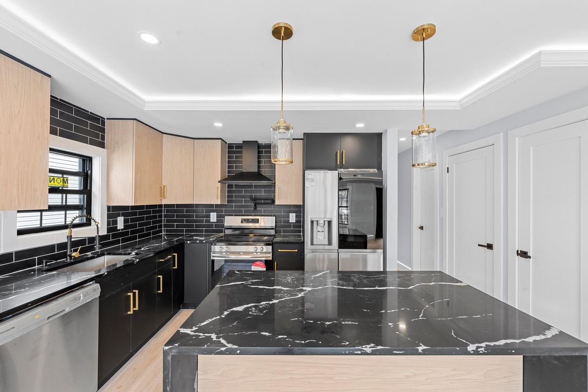 Interior, Kitchen, Pendant Lights, Recessed Lighting, Stainless Steel Appliances, Wood Texture Flooring