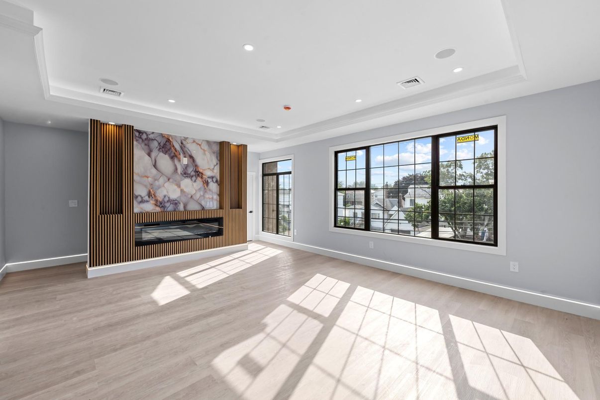 Empty room, Fireplace, Interior, Recessed Lighting, Wood Texture Flooring