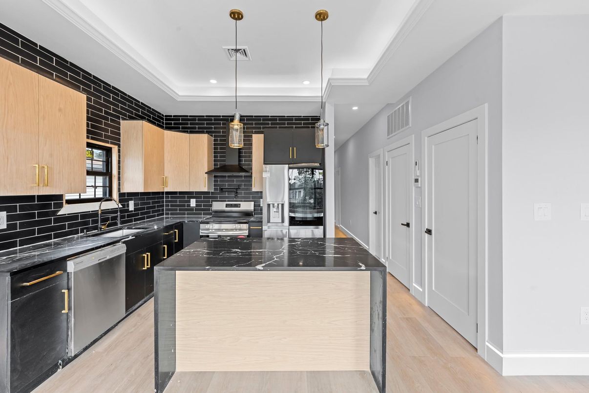 Interior, Kitchen, Pendant Lights, Recessed Lighting, Stainless Steel Appliances, Wood Texture Flooring