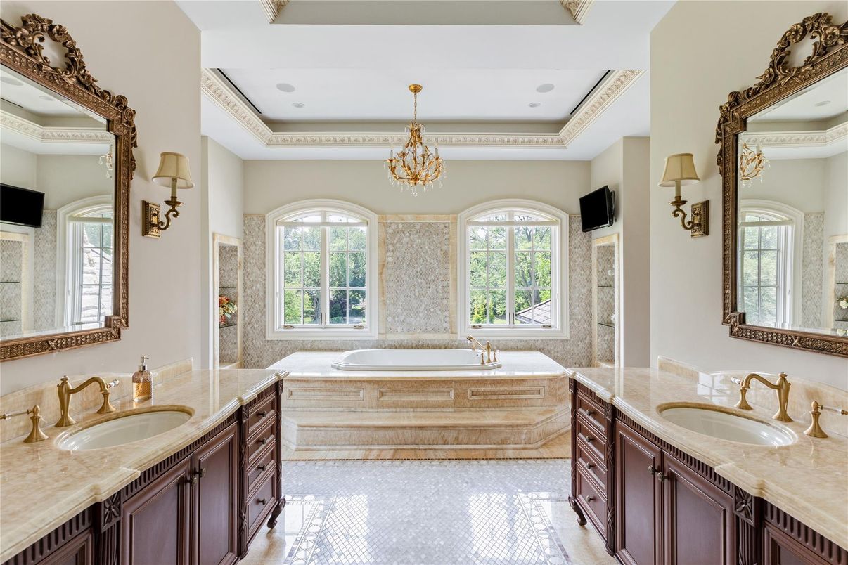 Bathroom, Chandelier, Dual Sink Vanities, Interior, Recessed Lighting