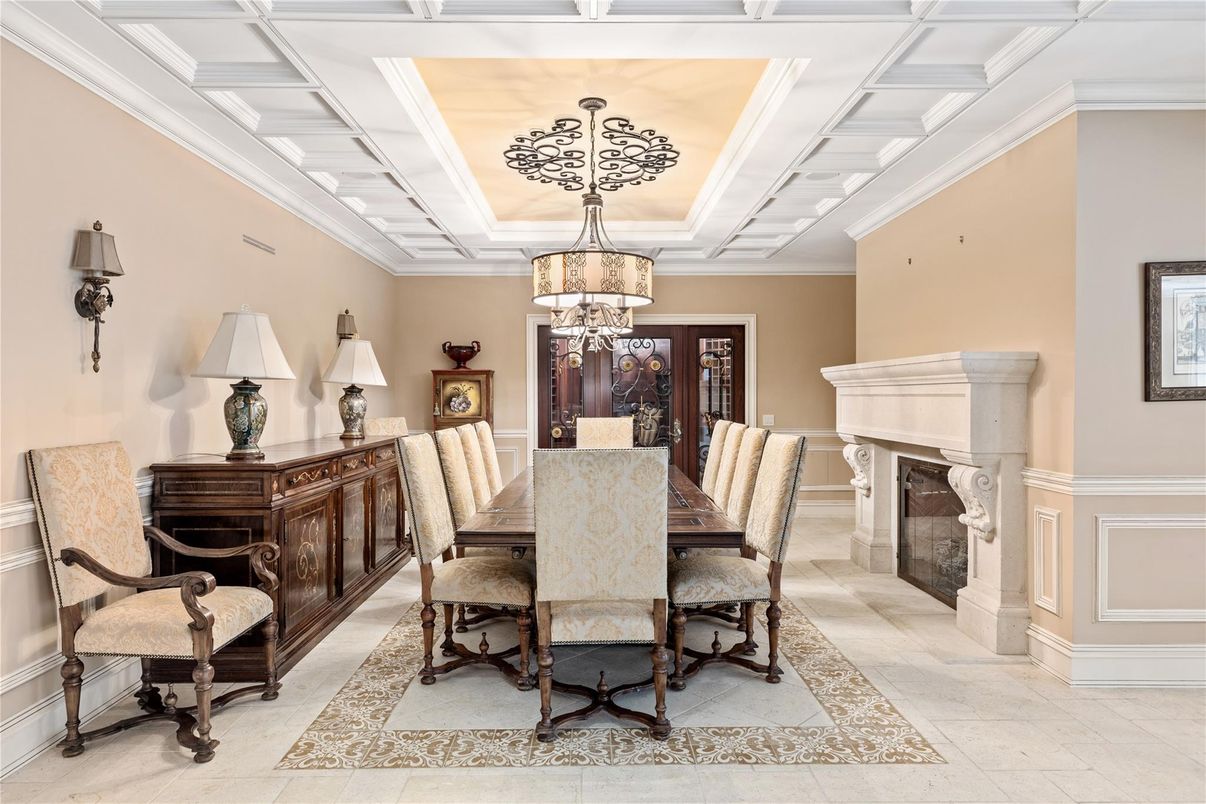 Chandelier, Dining room, Fireplace, Interior