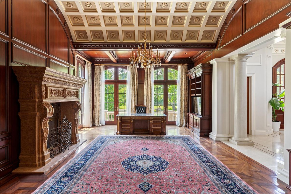 Chandelier, Fireplace, Interior, Recessed Lighting, Wood Texture Flooring, Wooden Walls