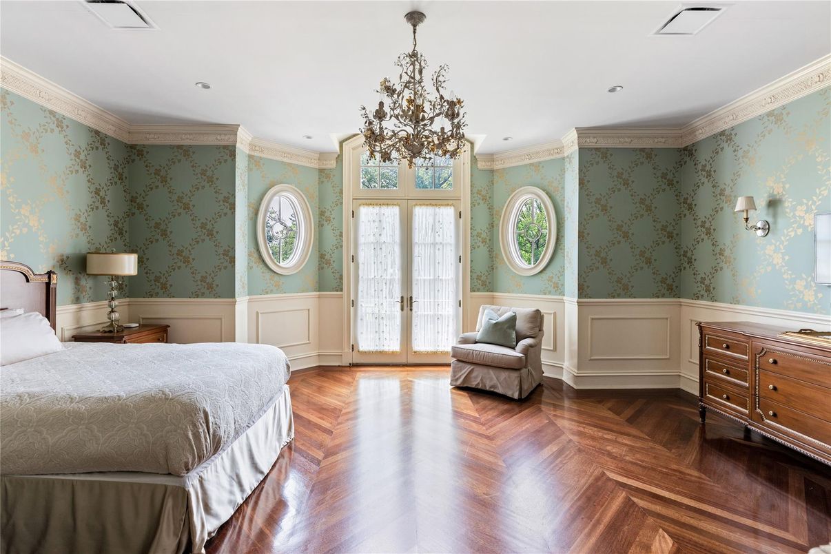 Bedroom, Chandelier, Interior, Recessed Lighting, Wood Texture Flooring