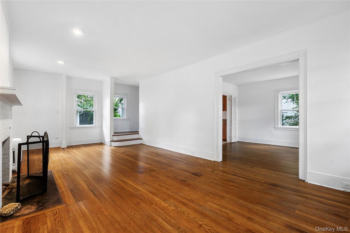 Empty room, Fireplace, Interior, Recessed Lighting, Wood Texture Flooring