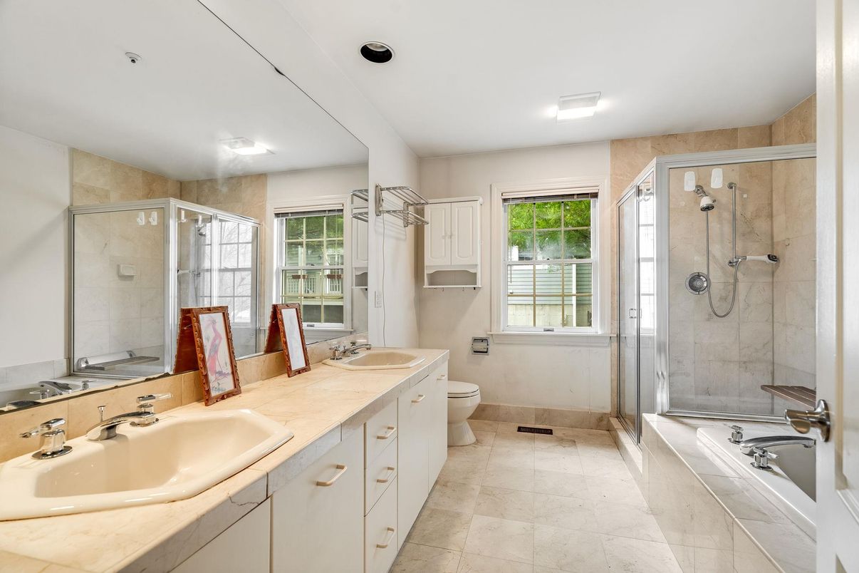 Bathroom, Dual Sink Vanities, Glass Shower, Interior, Recessed Lighting, Tile Countertops