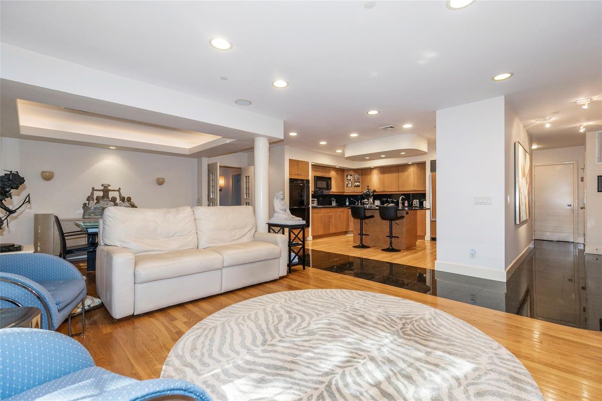 Interior, Kitchen, Living room, Recessed Lighting, Stainless Steel Appliances, Wood Texture Flooring