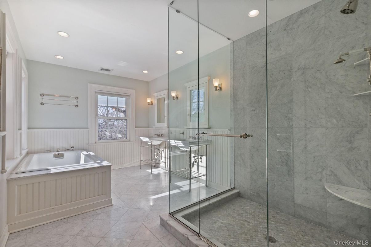 Bathroom, Glass Shower, Interior, Marble, Marble Walls, Recessed Lighting
