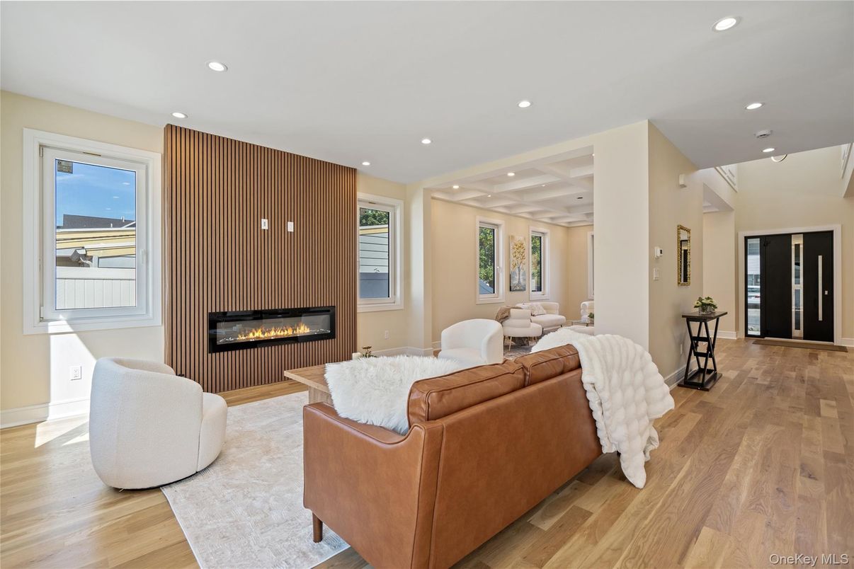Fireplace, Interior, Living room, Recessed Lighting, Wood Texture Flooring