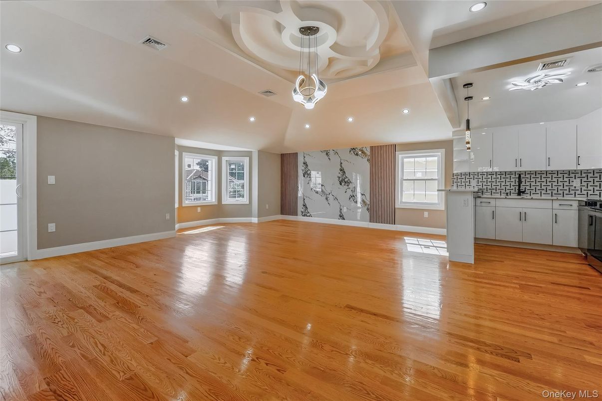 Empty room, Interior, Kitchen, Pendant Lights, Recessed Lighting, Wood Texture Flooring
