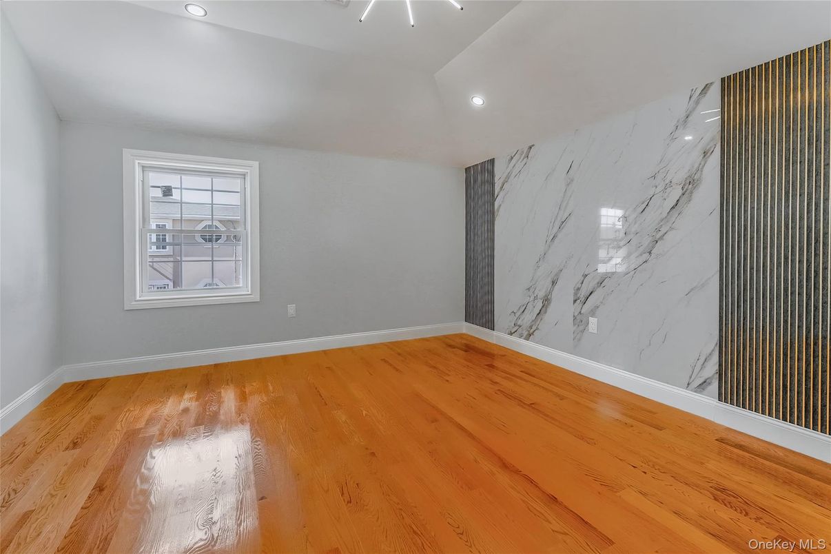 Empty room, Interior, Marble Walls, Recessed Lighting, Wood Texture Flooring