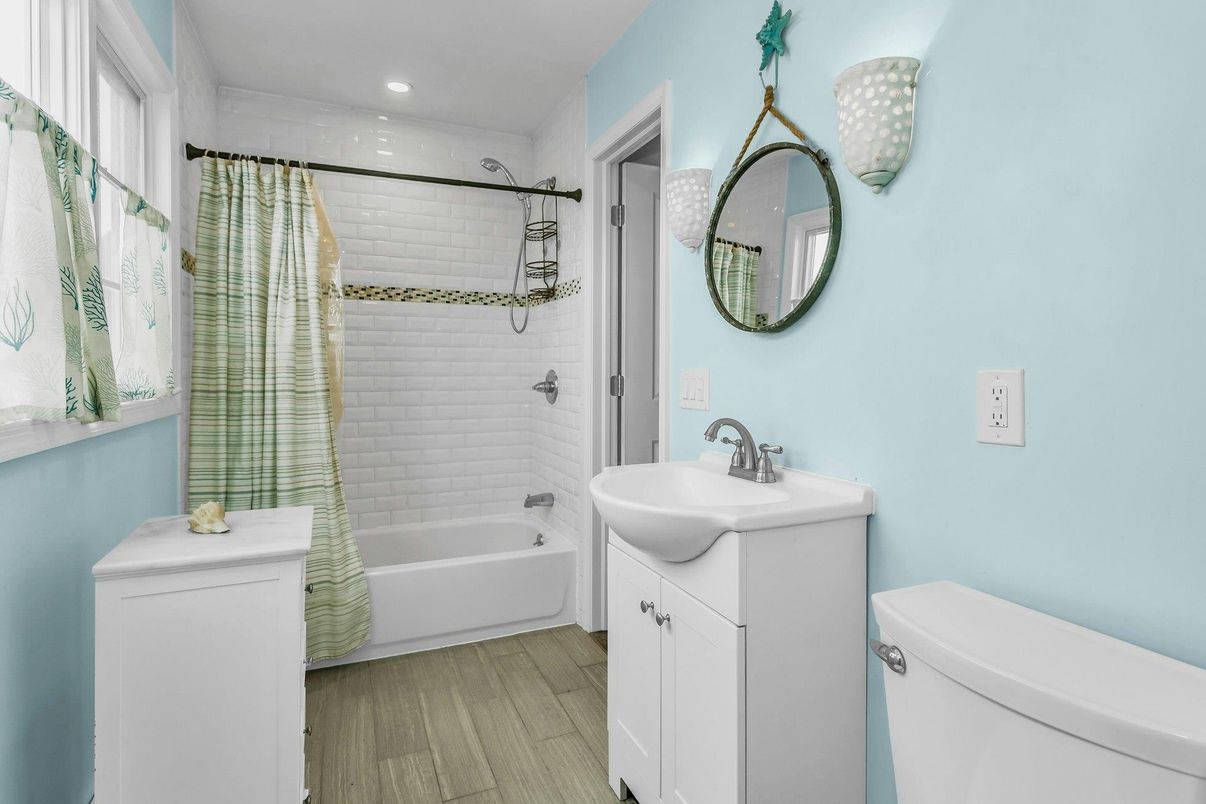 Bathroom, Dual Sink Vanities, Interior, Recessed Lighting, Wood Texture Flooring