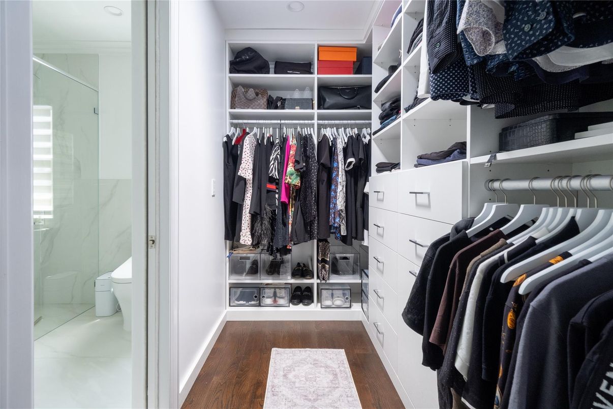 Bathroom, Glass Shower, Interior, Walk-in Closets, Wood Texture Flooring