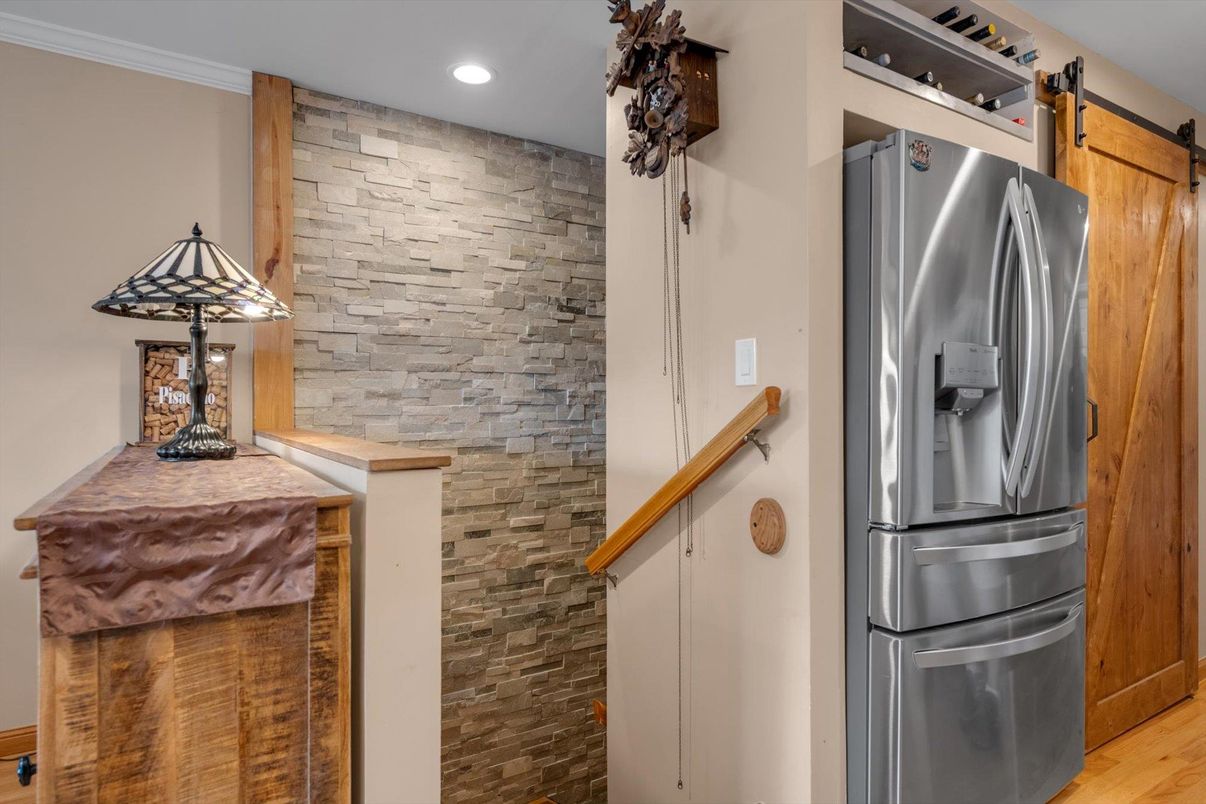 Interior, Kitchen, Recessed Lighting, Stainless Steel Appliances, Stone Walls, Wood Texture Flooring