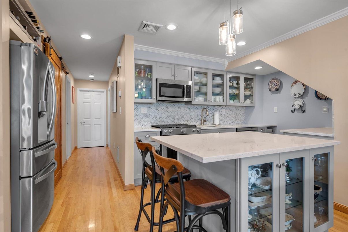 Interior, Kitchen, Pendant Lights, Recessed Lighting, Stainless Steel Appliances, Wood Texture Flooring