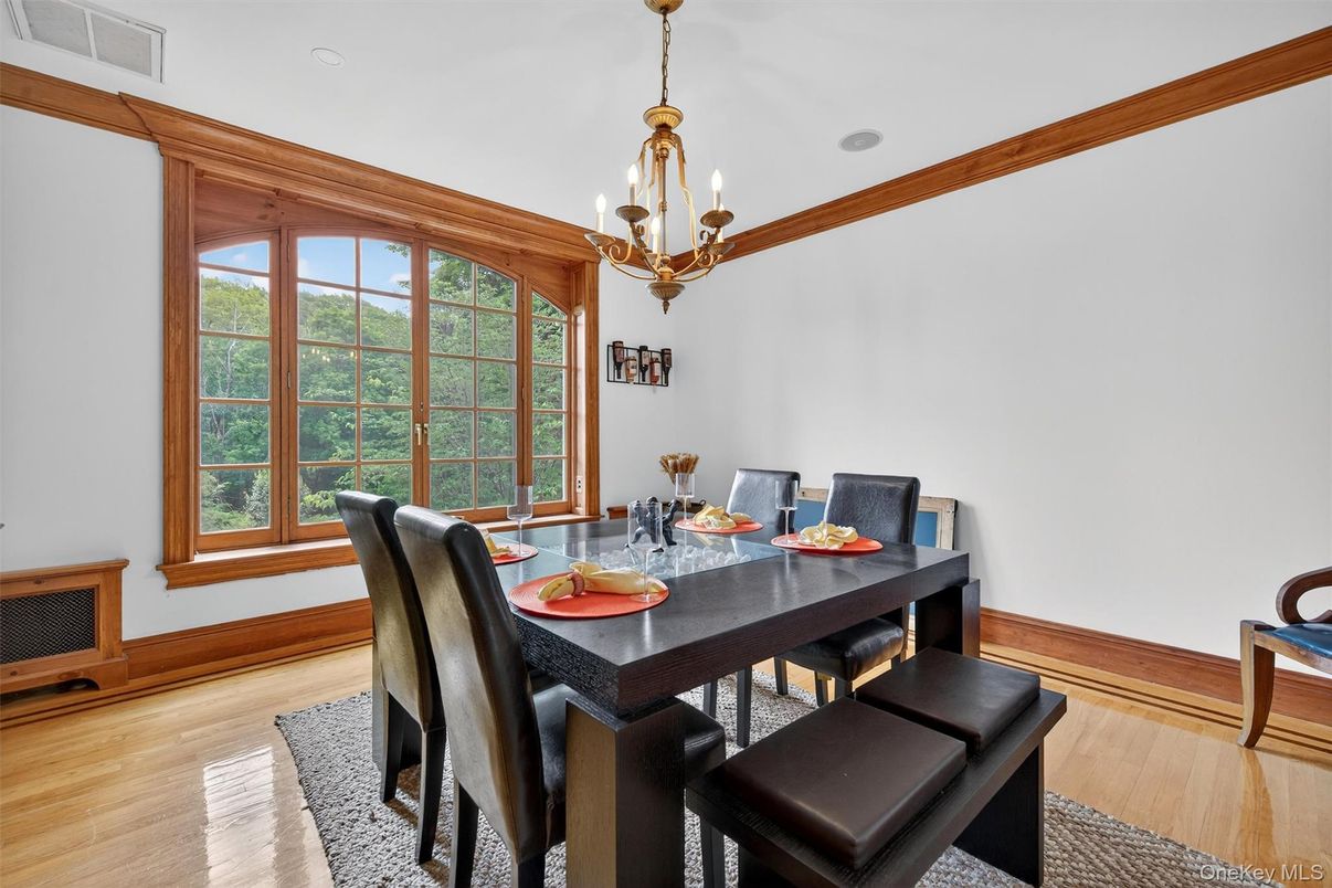 Chandelier, Dining room, Interior, Wood Texture Flooring