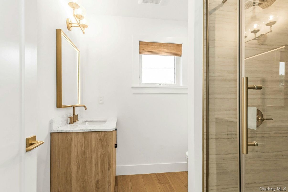 Bathroom, Glass Shower, Interior, Wood Texture Flooring