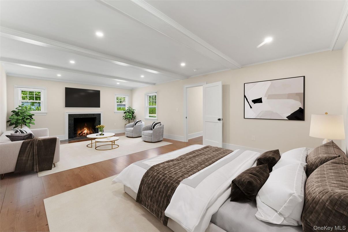 Bedroom, Fireplace, Interior, Recessed Lighting, Wood Texture Flooring