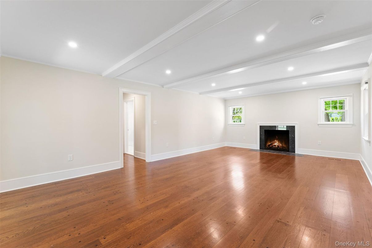 Empty room, Fireplace, Interior, Recessed Lighting, Wood Texture Flooring