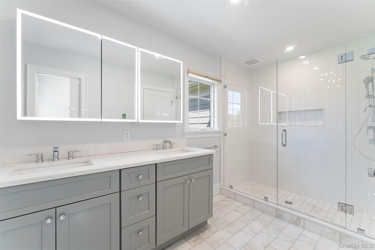 Bathroom, Dual Sink Vanities, Glass Shower, Interior, Recessed Lighting