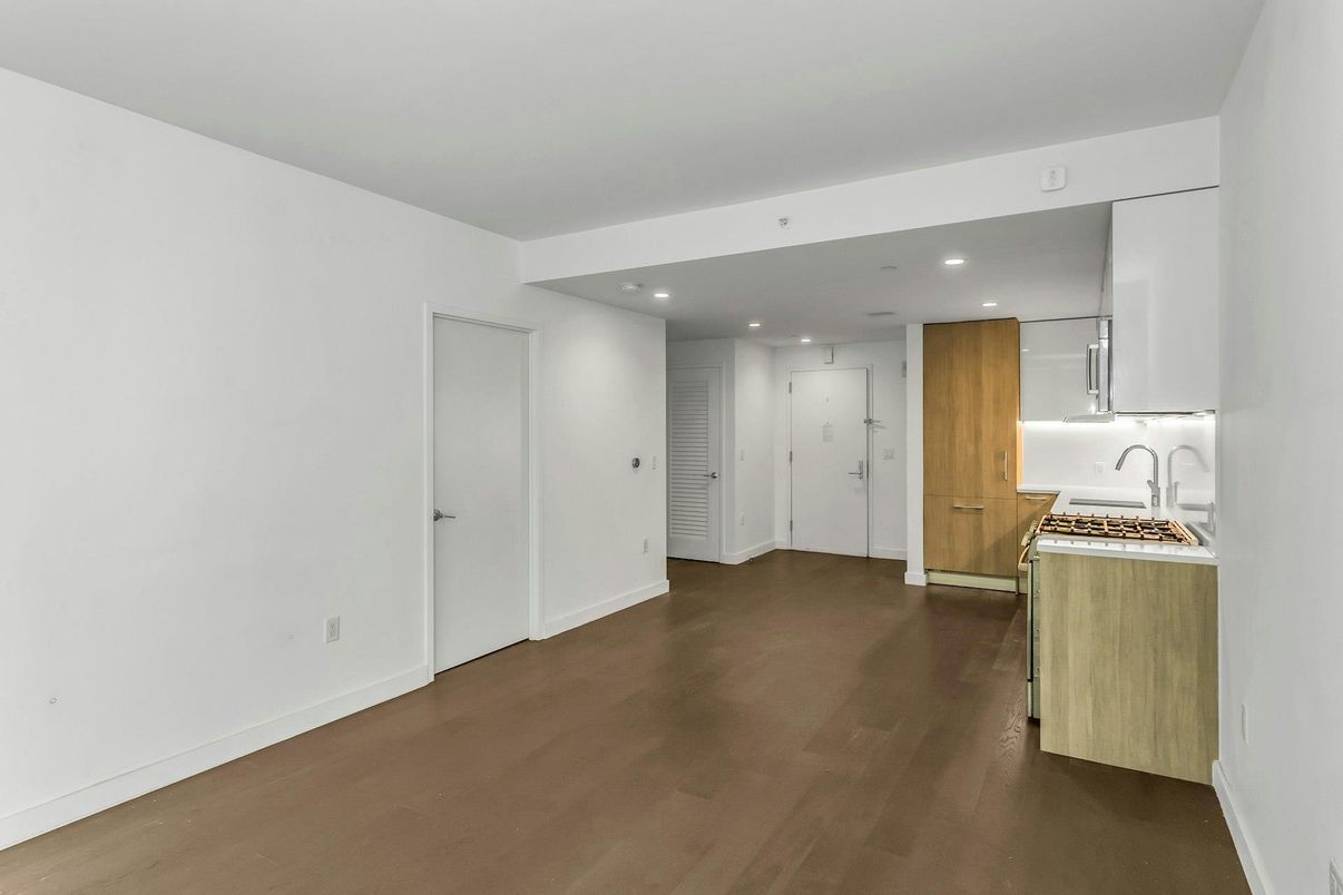 Empty room, Interior, Kitchen, Recessed Lighting, Wood Texture Flooring