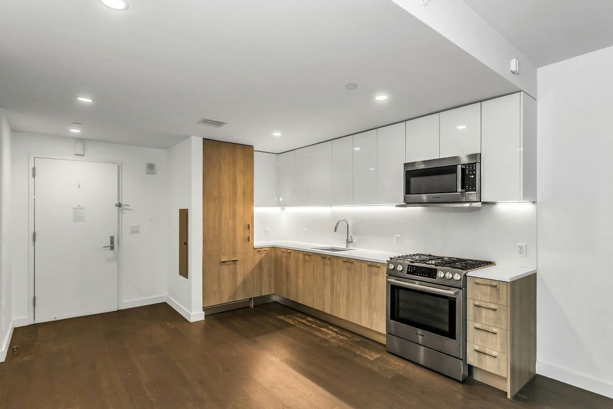 Interior, Kitchen, Recessed Lighting, Stainless Steel Appliances, Wood Texture Flooring