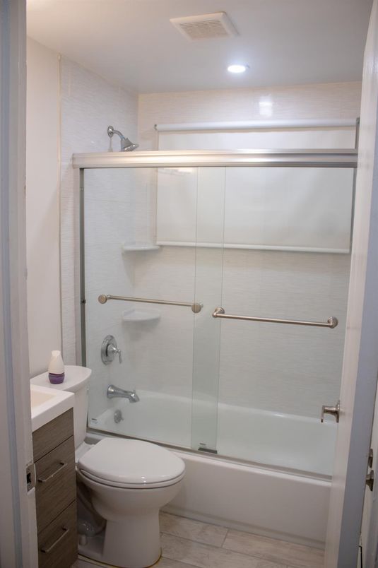 Bathroom, Glass Shower, Interior, Recessed Lighting, Wood Texture Flooring