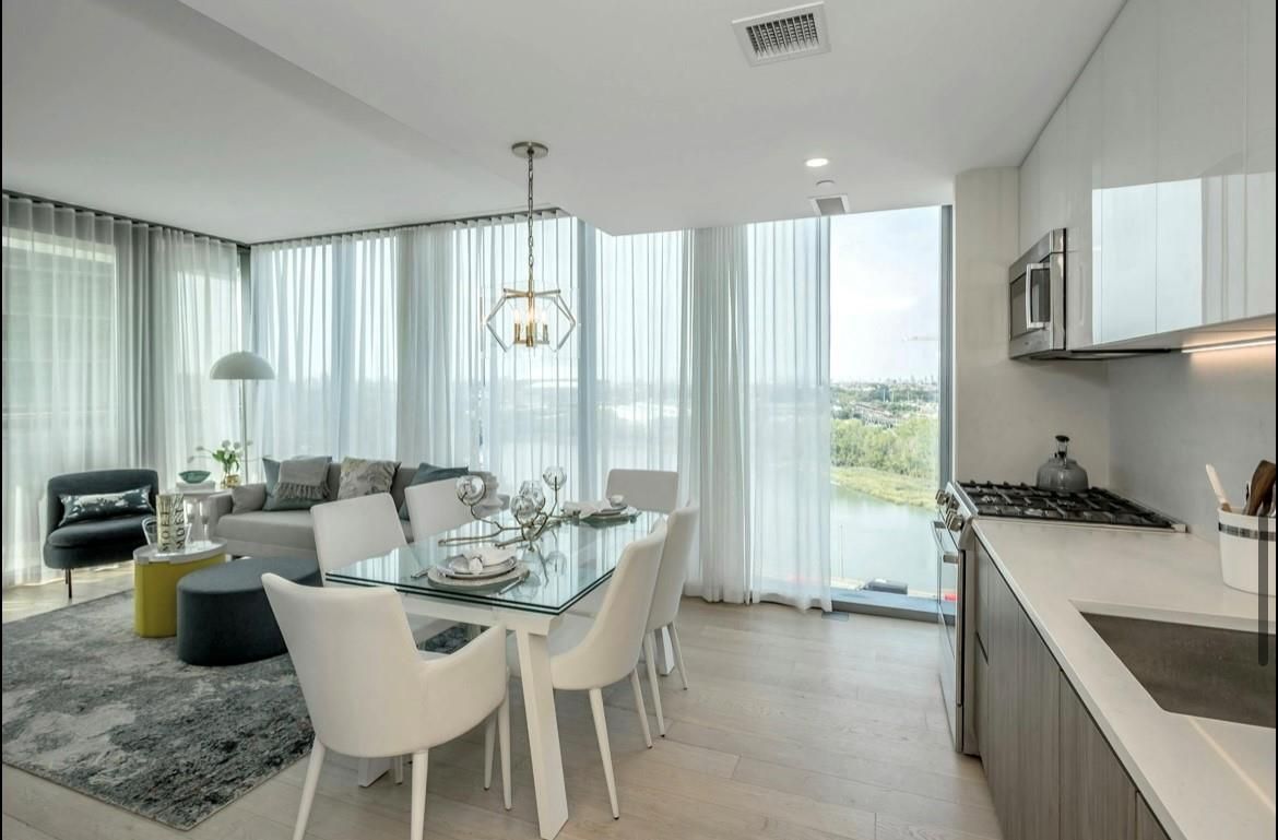 Dining room, Interior, Living room, Pendant Lights, Recessed Lighting, Water, Wood Texture Flooring