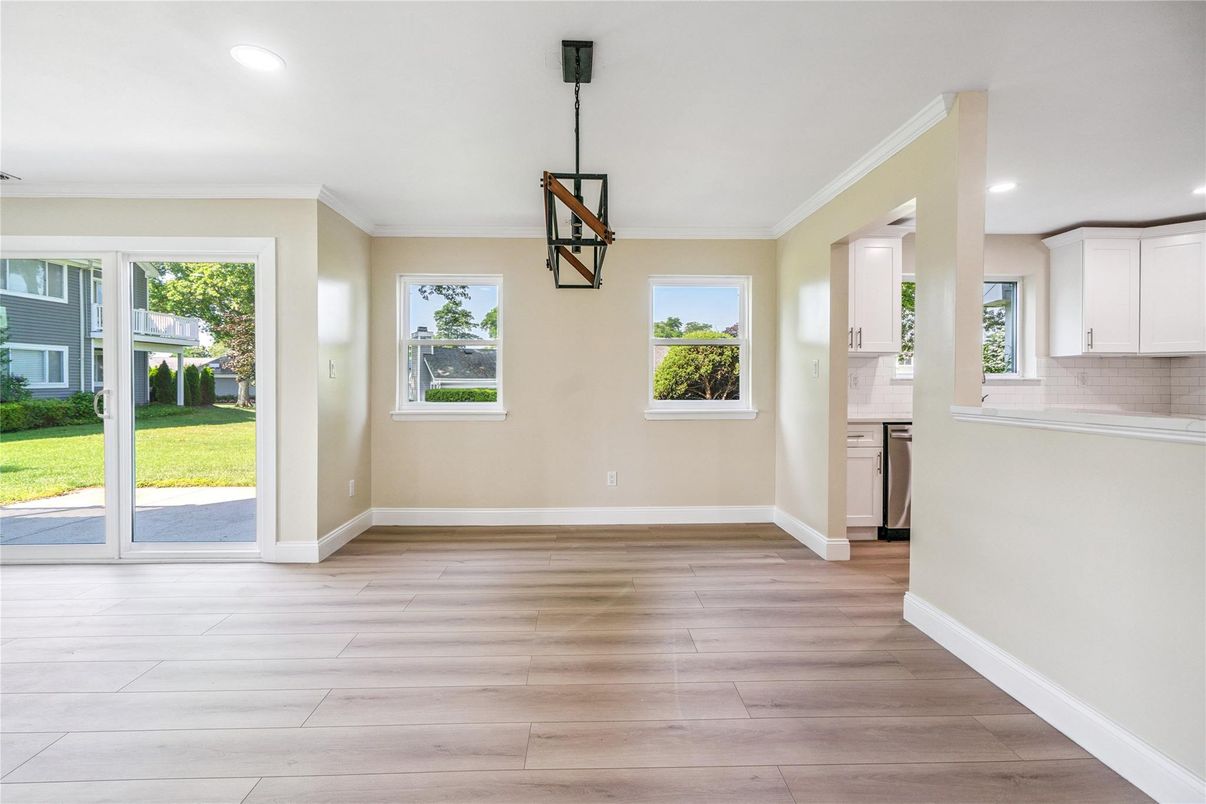Empty room, Interior, Kitchen, Pendant Lights, Recessed Lighting, Wood Texture Flooring