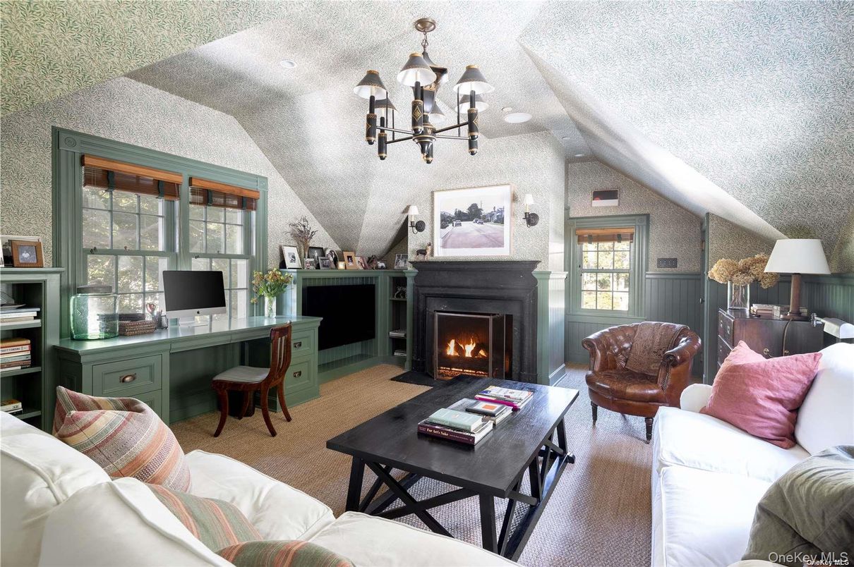 Chandelier, Fireplace, Home Office, Interior, Living room