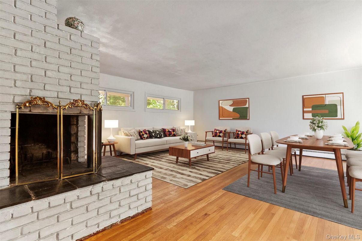 Dining room, Fireplace, Interior, Living room, Stone Walls, Wood Texture Flooring